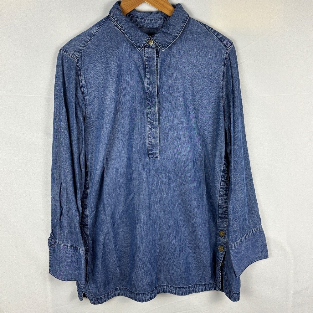 Chicos Long Sleeve Tunic Shirt Sz 2 = 12/14 Blue Tencel Denim Stapel Minimalist
